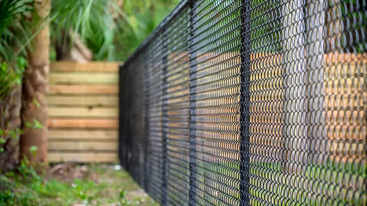 Black-coated chain-link fence in a landscaped backyard